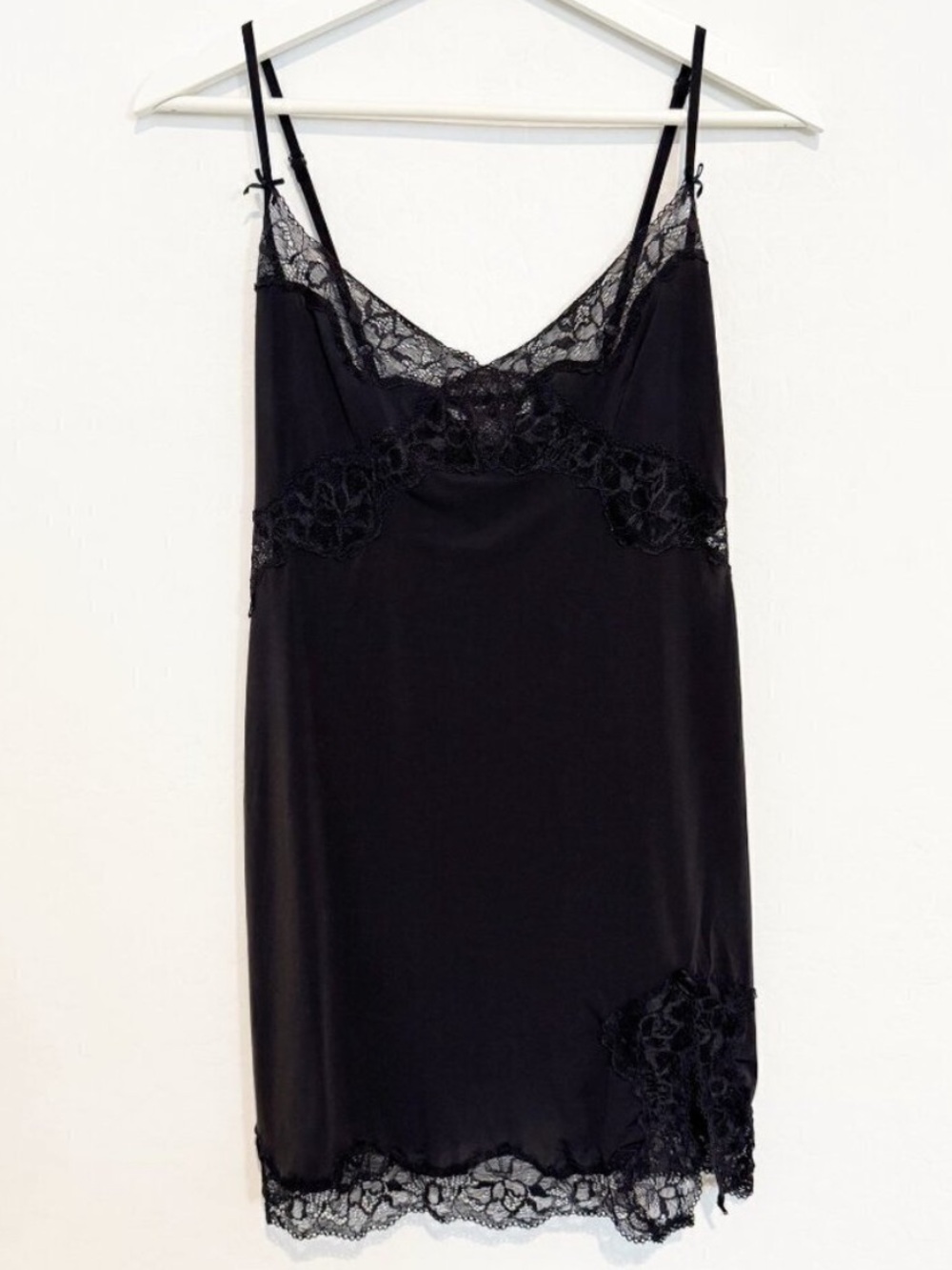Victorias Secret Slip Dress Size M Black Satin Lace Slit Mini Lingerie Coquette